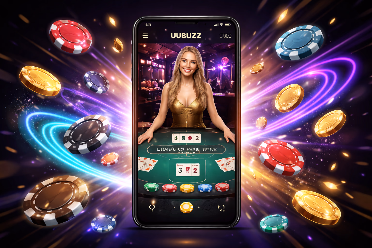 Cheerful Bangladeshi gamer enjoying the UUBUZZ mobile app with floating chips and card symbols nearby