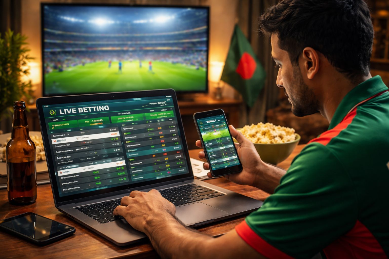Engaged Bangladeshi punter monitoring live cricket odds on a laptop with UUBUZZ while following a match on TV in a cozy home setting