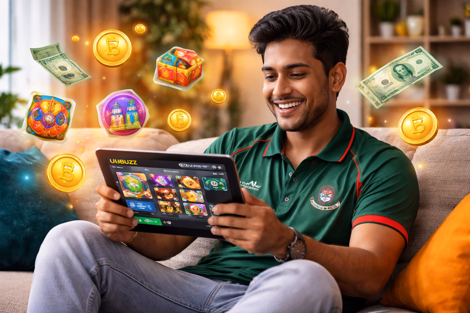 পরিষ্কার-পরিচ্ছন্ন বাংলাদেশি গেমিং কনসিয়ার্জ সদস্যদের UUBUZZ লগইন লবি তে স্বাগত জানাচ্ছেন উজ্জ্বল ফিক্সচার এবং ভাসমান ডিজিটাল টোকেন সহ